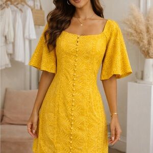 Finders Keepers Yellow Square Neck Button-Front Mini Dress